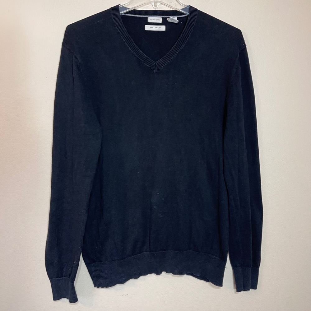 Madison Mens Black‎ V-Neck Sweater Fine Pima Cotton Knit Size Medium Long Sleeve